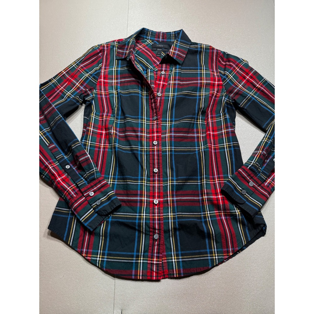 J.Crew Perfect Shirt Womens 2 Red Green Plaid Cotton Button Down Long Sleeve